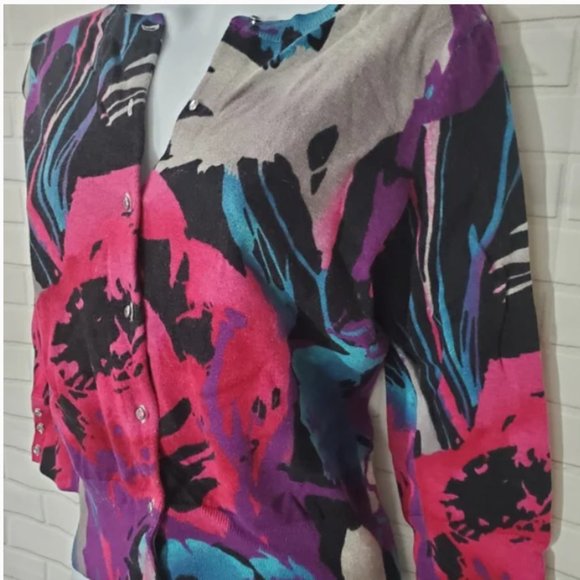 Express Design Studio Abstract Pink, Purple, Blue & Black 3/4 Sleeve Sweater - Picture 3 of 5